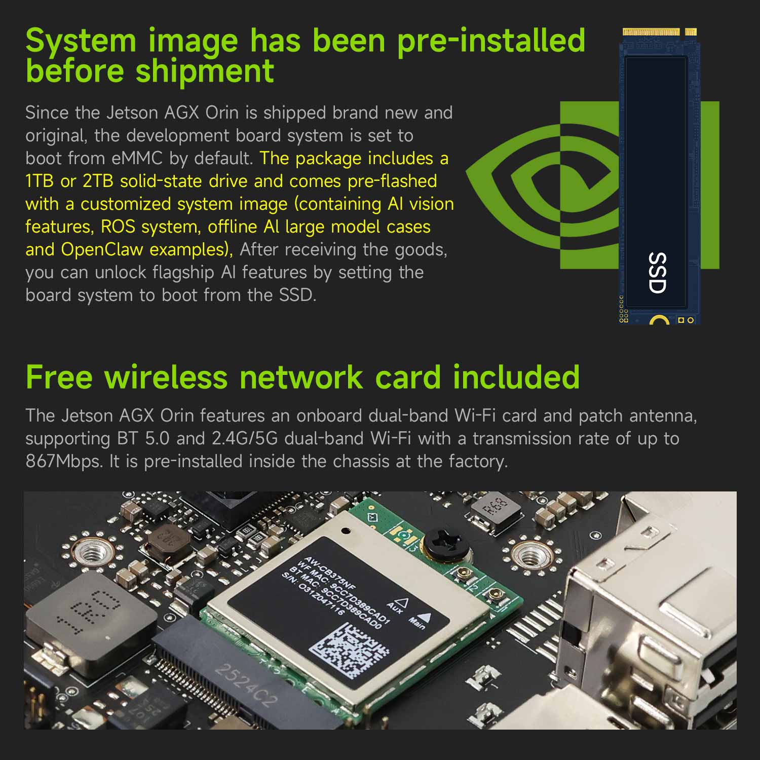 Technical specifications of a Jetson AGX Orin development board with text on pre-installed system and wireless network card.