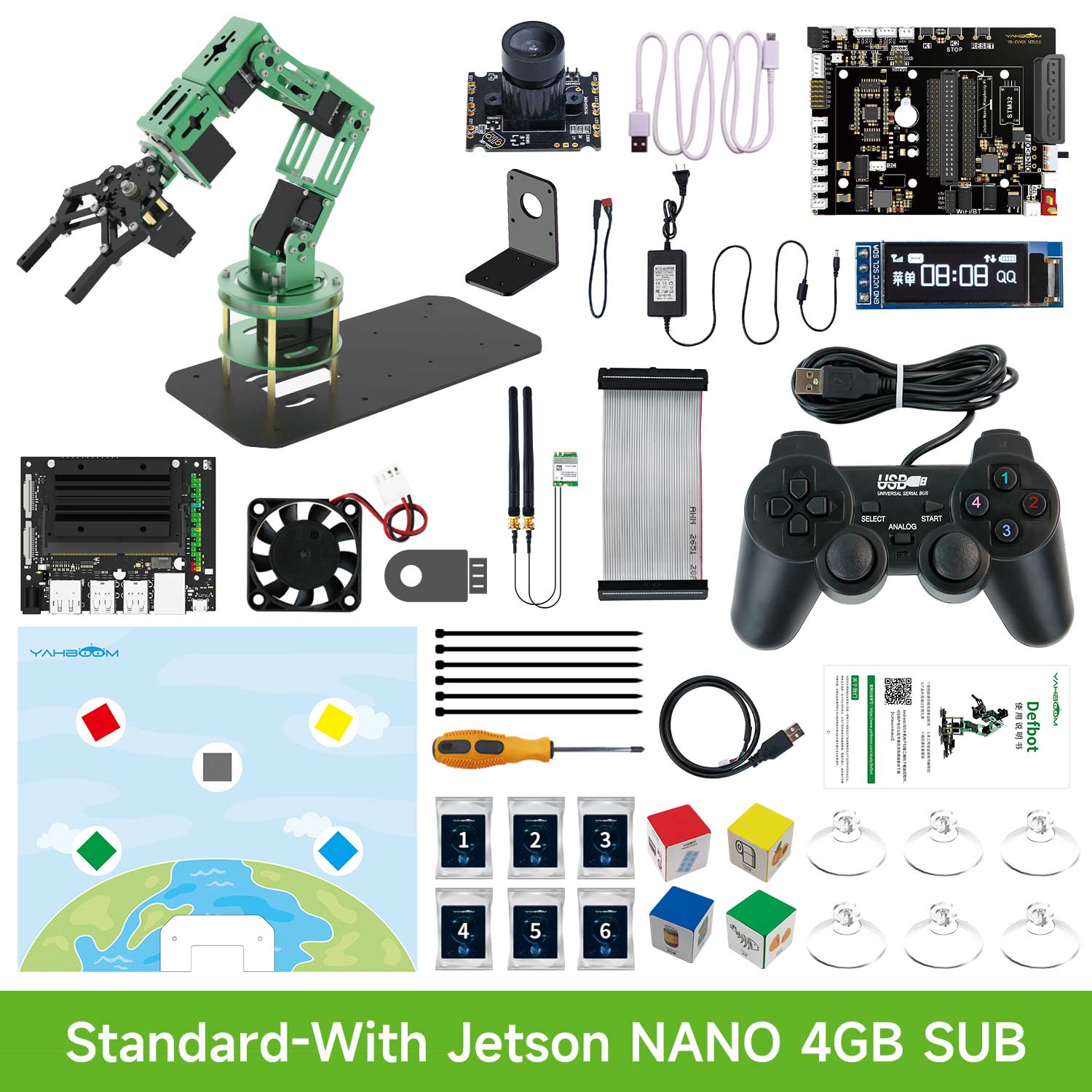 Collection of electronic components and tools for Dofbot on a white background with 'Standard With Jetson NANO 4GB SUB' text.