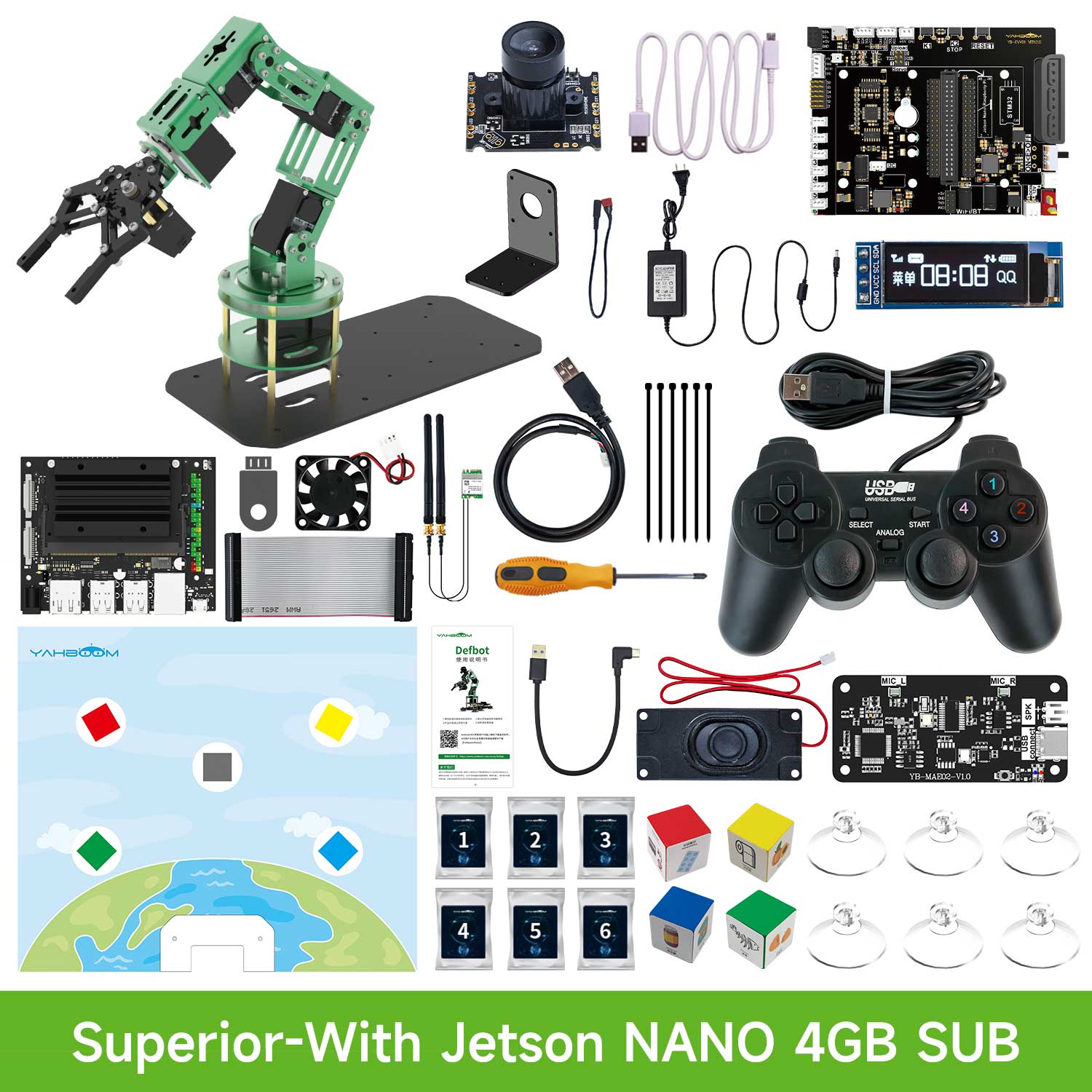 Collection of electronic components and tools for superior robotics and programming, including a green Dofbot robot arm and Jetson Nano board.