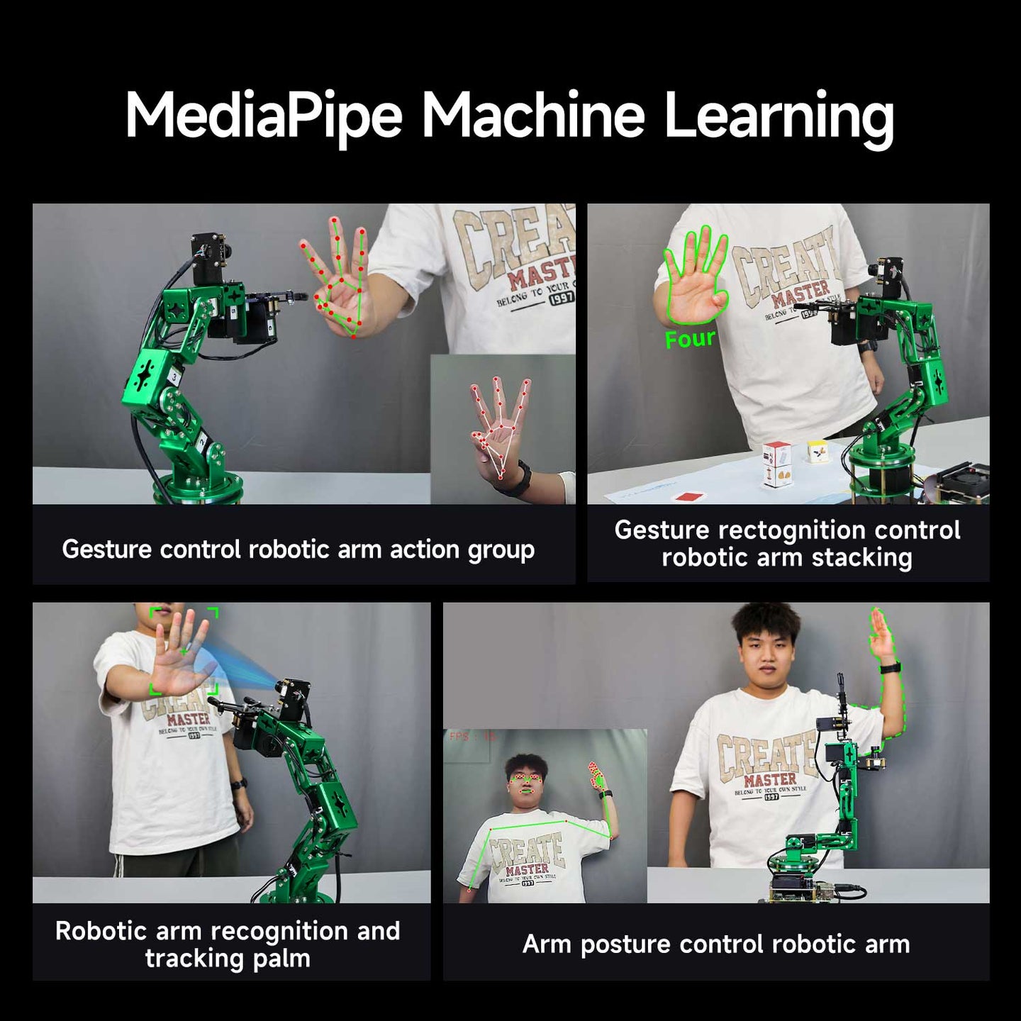 Collage of images showing a person interacting with a Dofbot robotic arm controlled by MediaPipe Machine Learning technology.