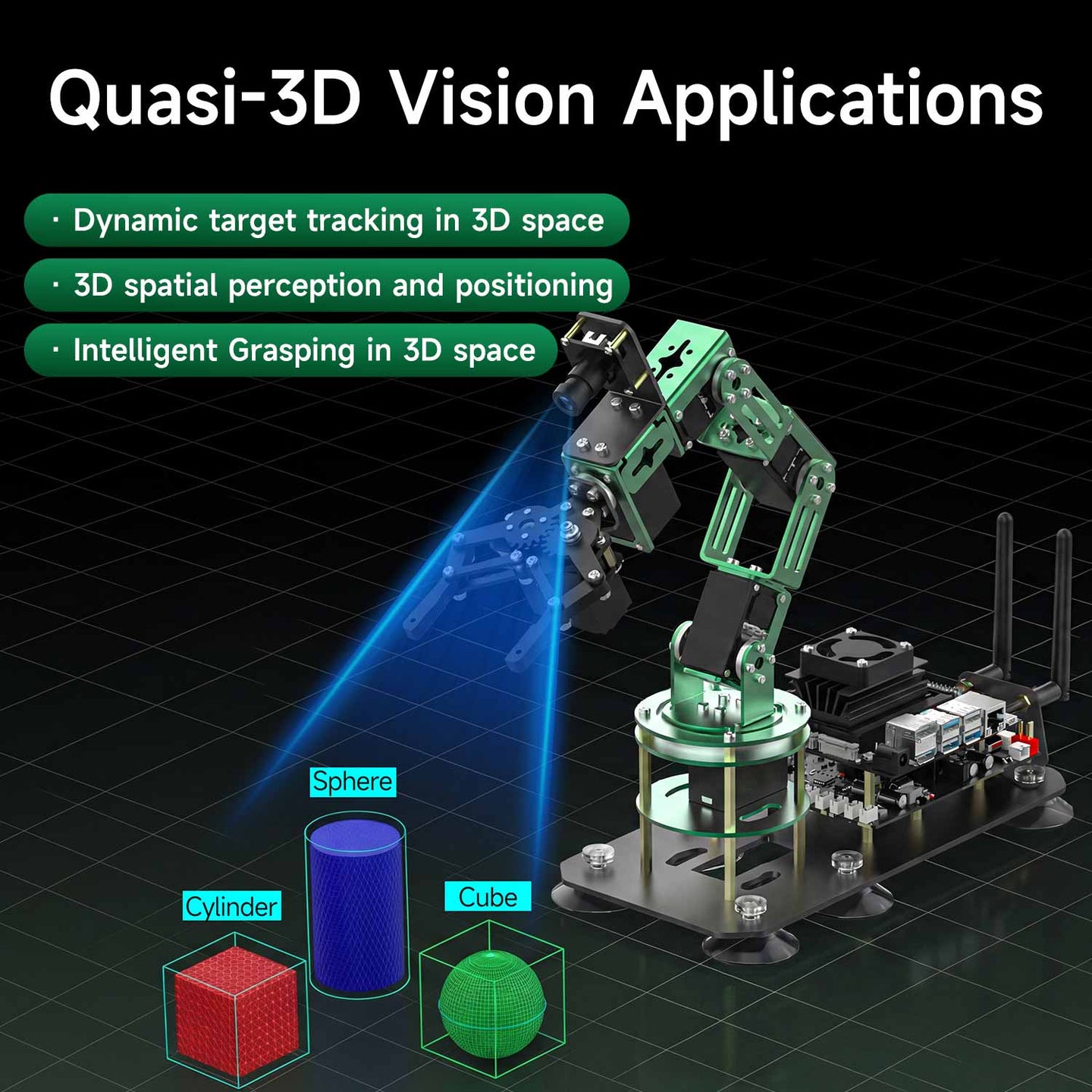 Dofbot robotic arm with quasi-3D vision technology on a grid background