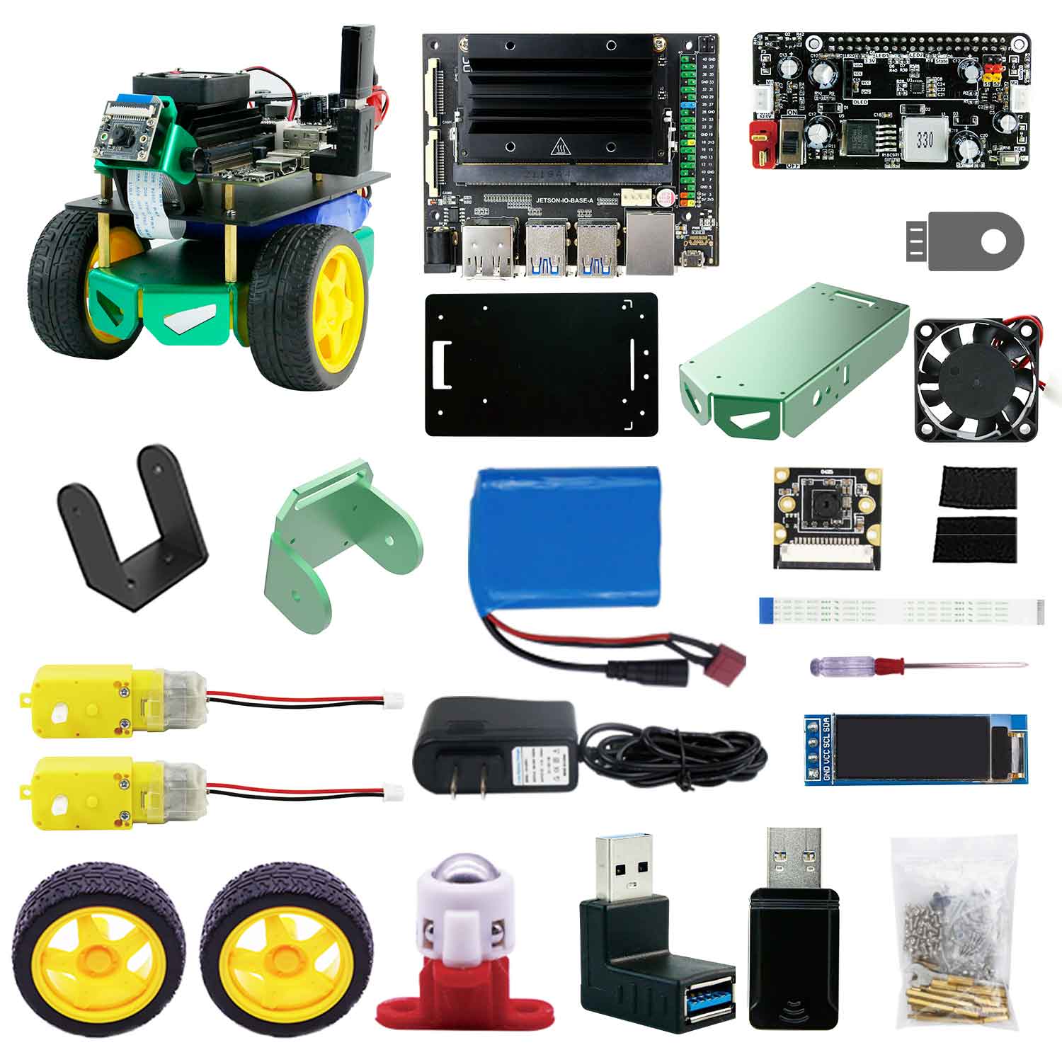 Jetbot Yahboom smart robot kit accessories photo showing:  expansion board, IMX219 camera, TT motor, 18650 battery 