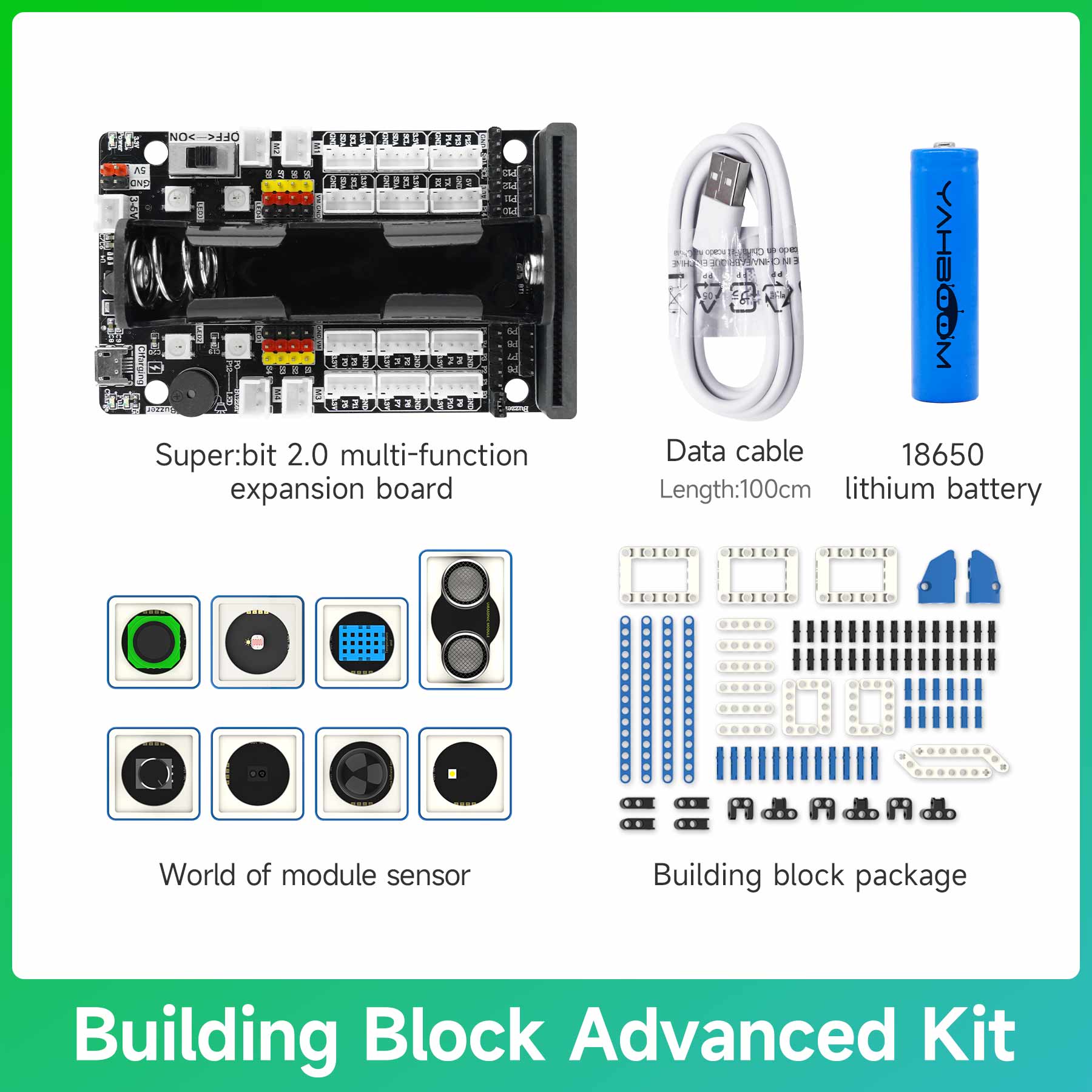 Yahboom Building Block Advanced Kit with components like expansion board, battery, and sensors 