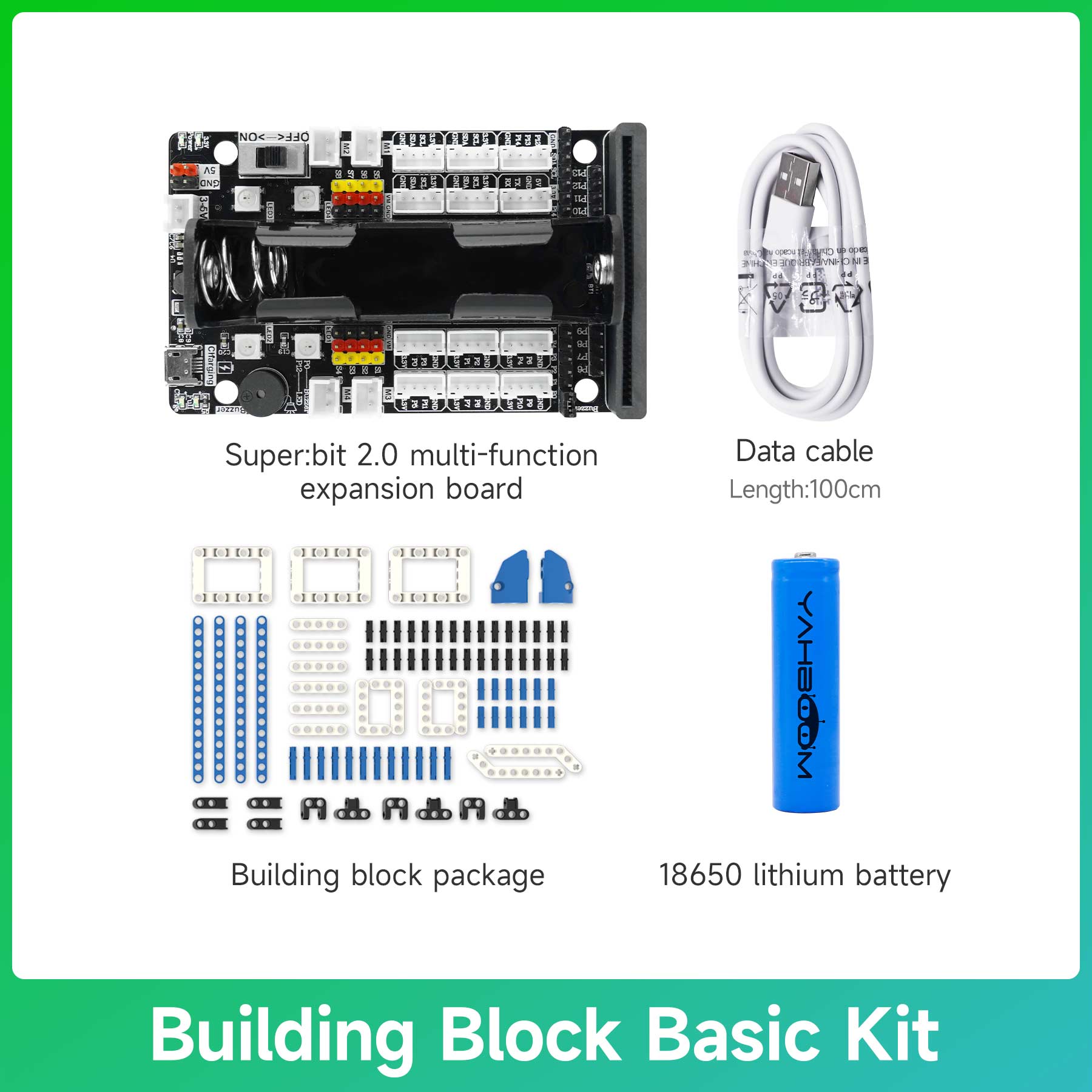 Building Block Basic Kit with Superbit 2.0 expansion board, data cable, building blocks and battery.