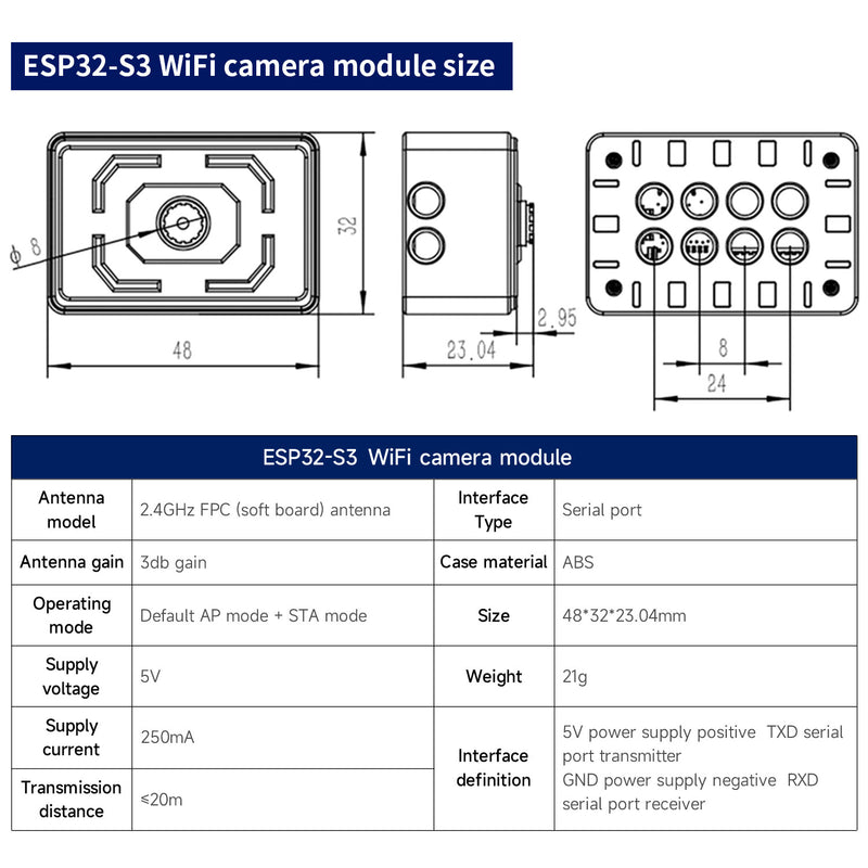 ESP32-S3 WiFi Camera AI Vision Module(2DOF PTZ Optional)