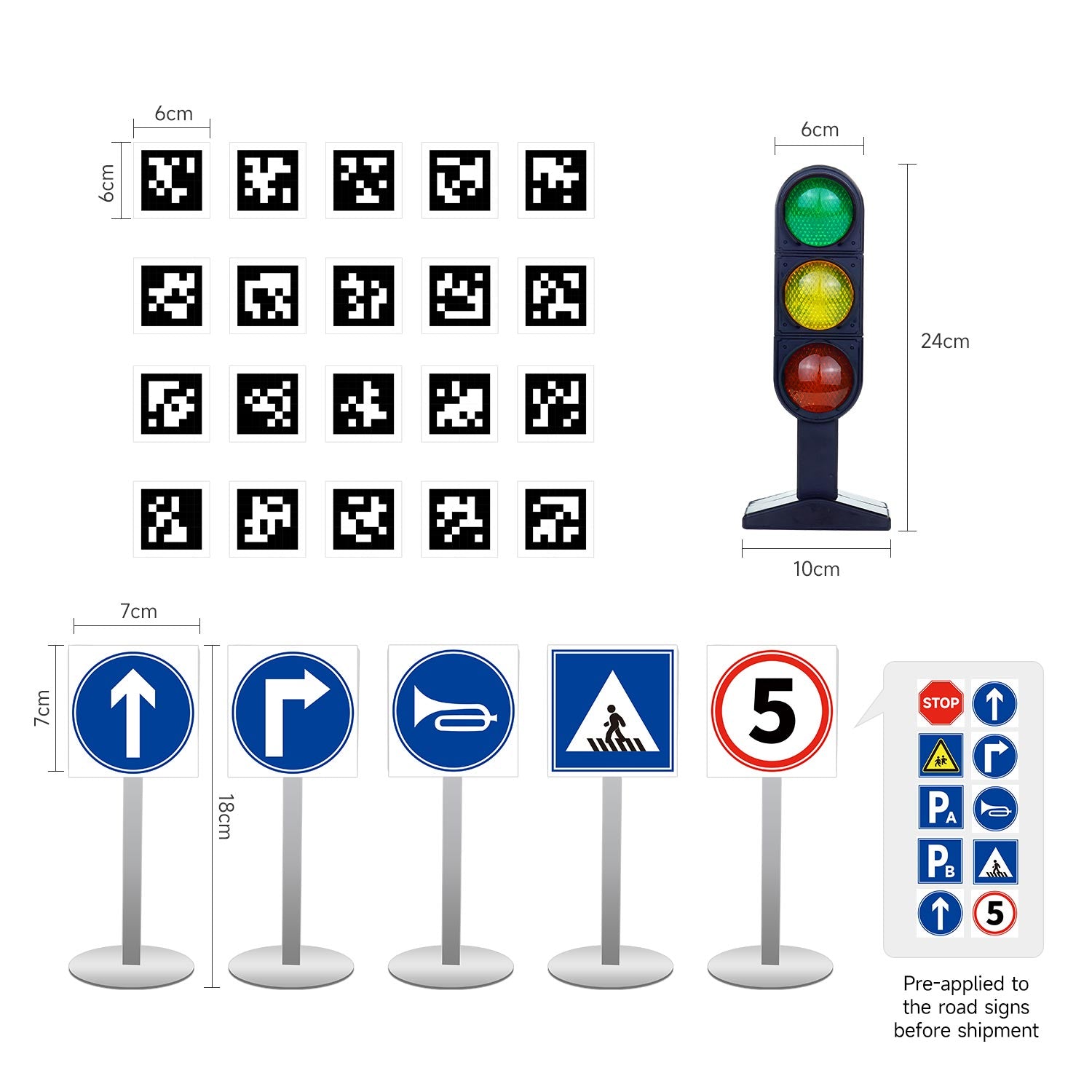 Collection of road signs with dimensions and a traffic light model on a white background