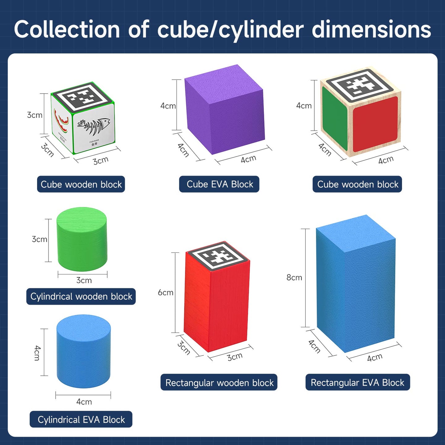 Collection of cube and cylinder blocks with dimensions labeled on a blue background