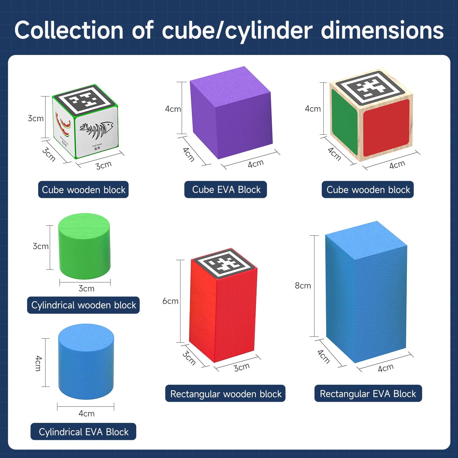 Collection of cube and cylinder blocks with dimensions labeled on a blue background
