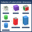 Collection of cube and cylinder blocks with dimensions labeled on a blue background