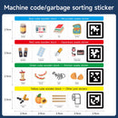 Sorting stickers for different types of waste with corresponding images and codes.