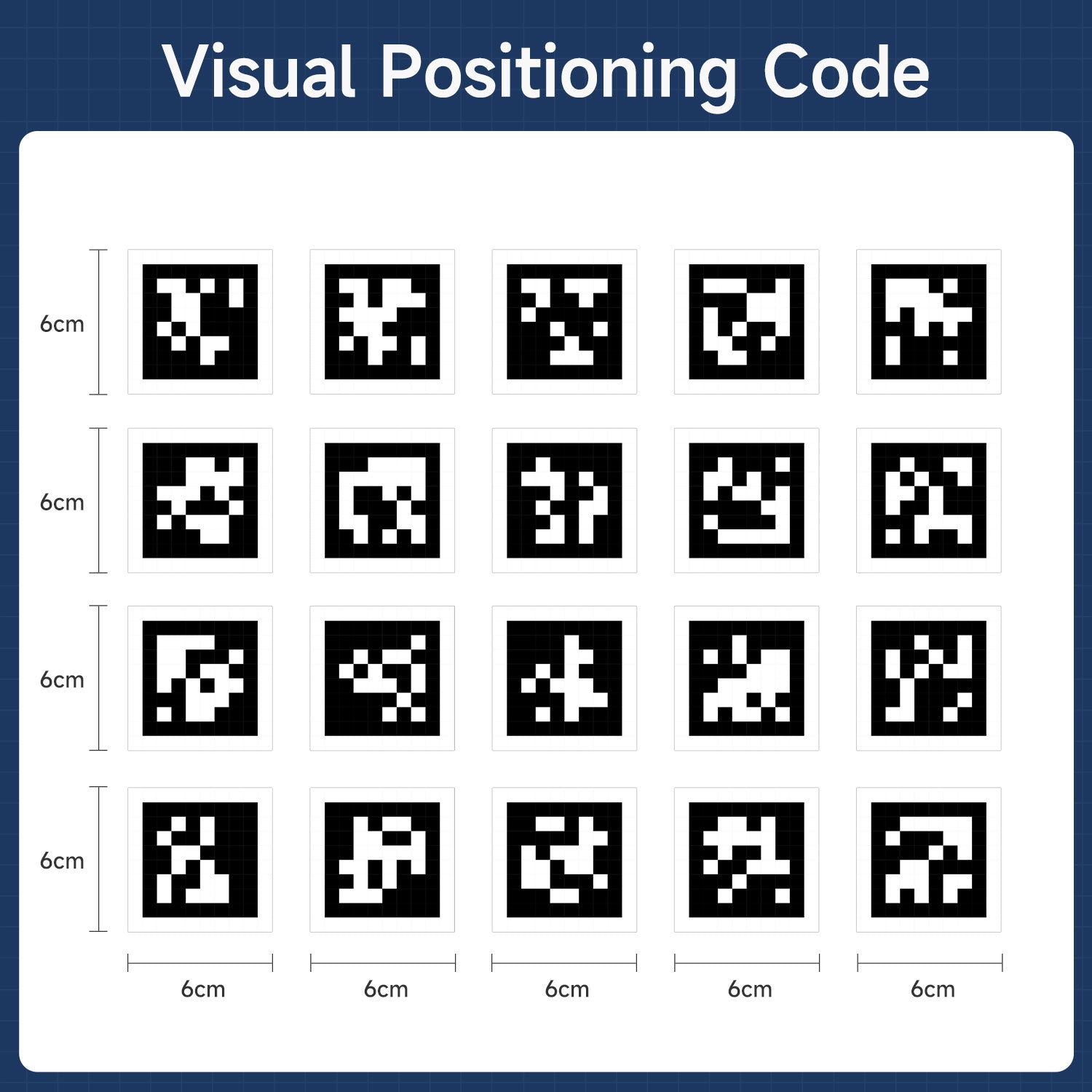 Grid of black and white visual positioning codes with dimensions on a blue background