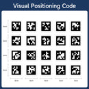 Grid of black and white visual positioning codes with dimensions on a blue background