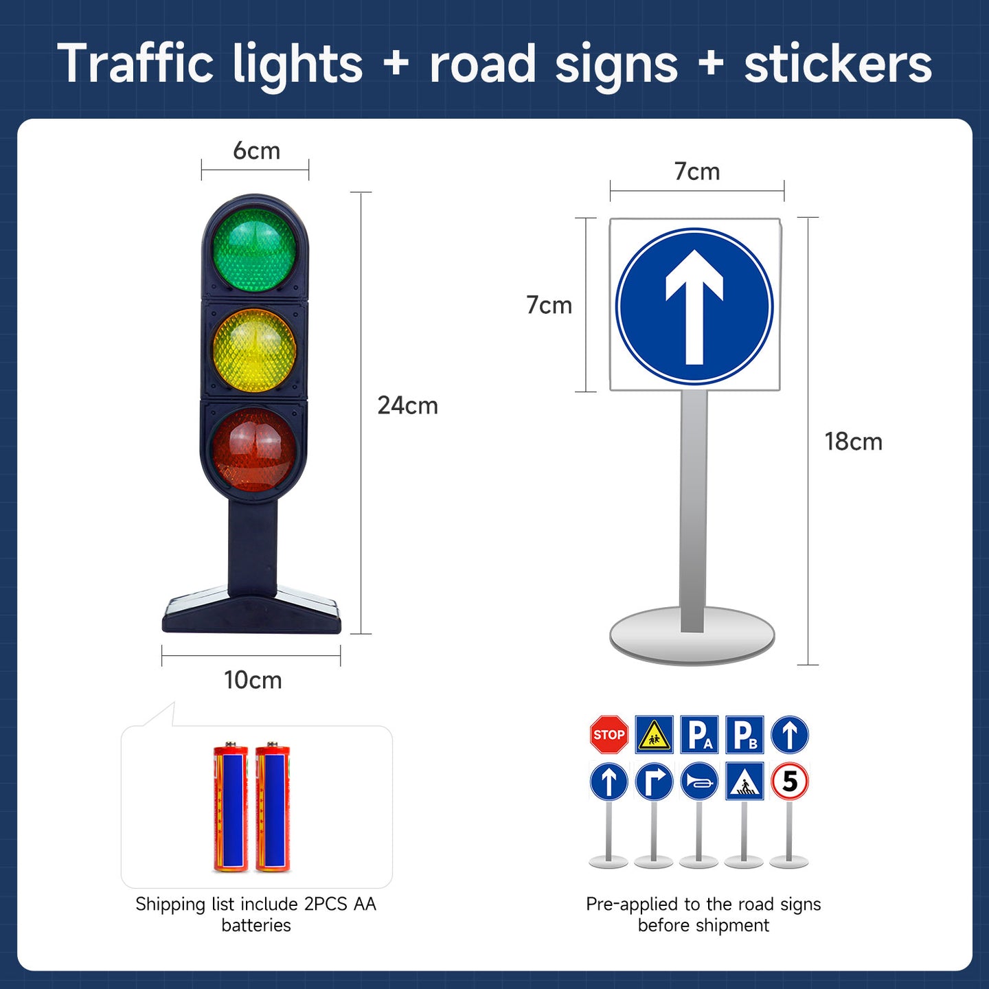 Traffic light, road sign, and stickers with dimensions and battery information on a blue background