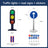 Traffic light, road sign, and stickers with dimensions and battery information on a blue background