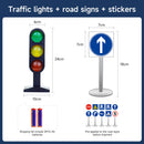 Traffic light, road sign, and stickers with dimensions and battery information on a blue background