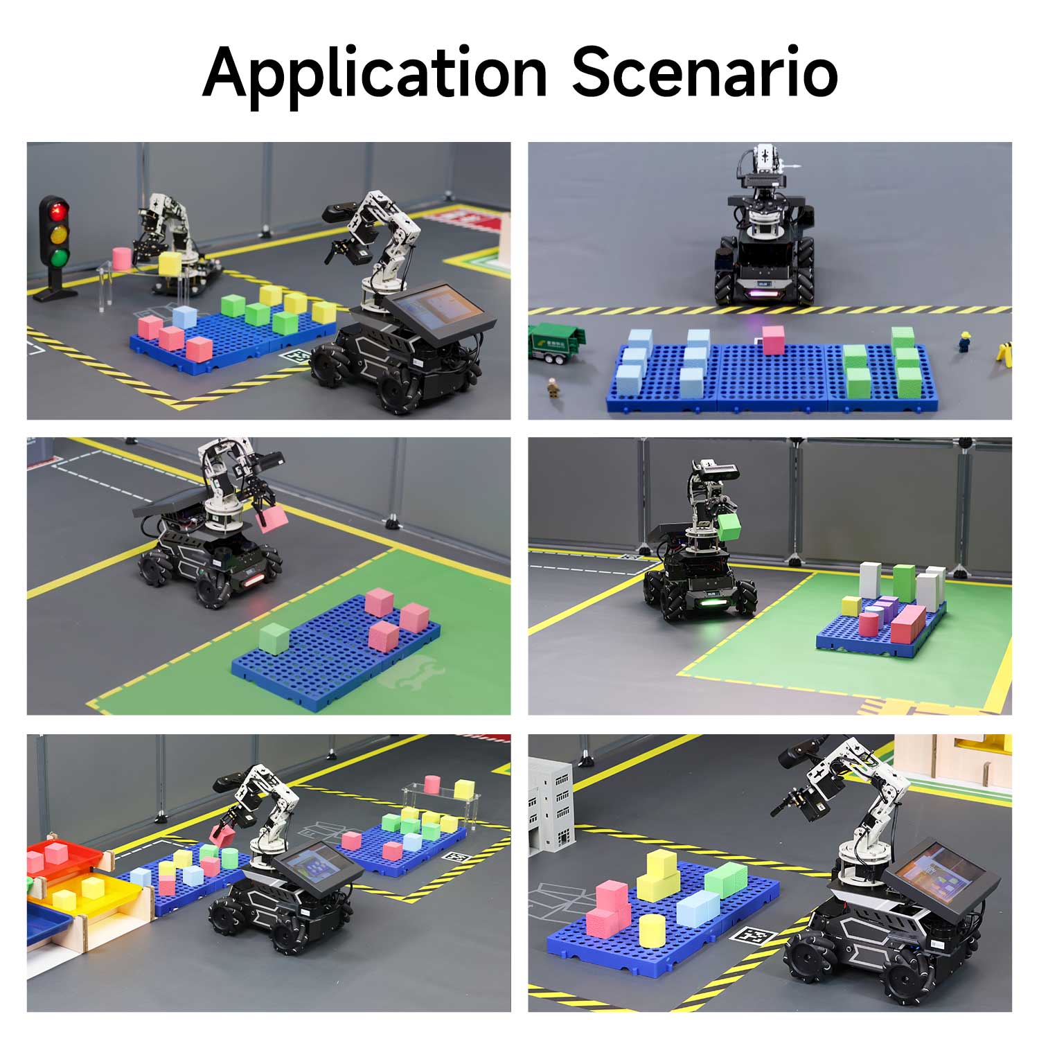 Collage of robots performing tasks on a grid with colorful blocks.