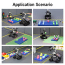 Collage of robots performing tasks on a grid with colorful blocks.