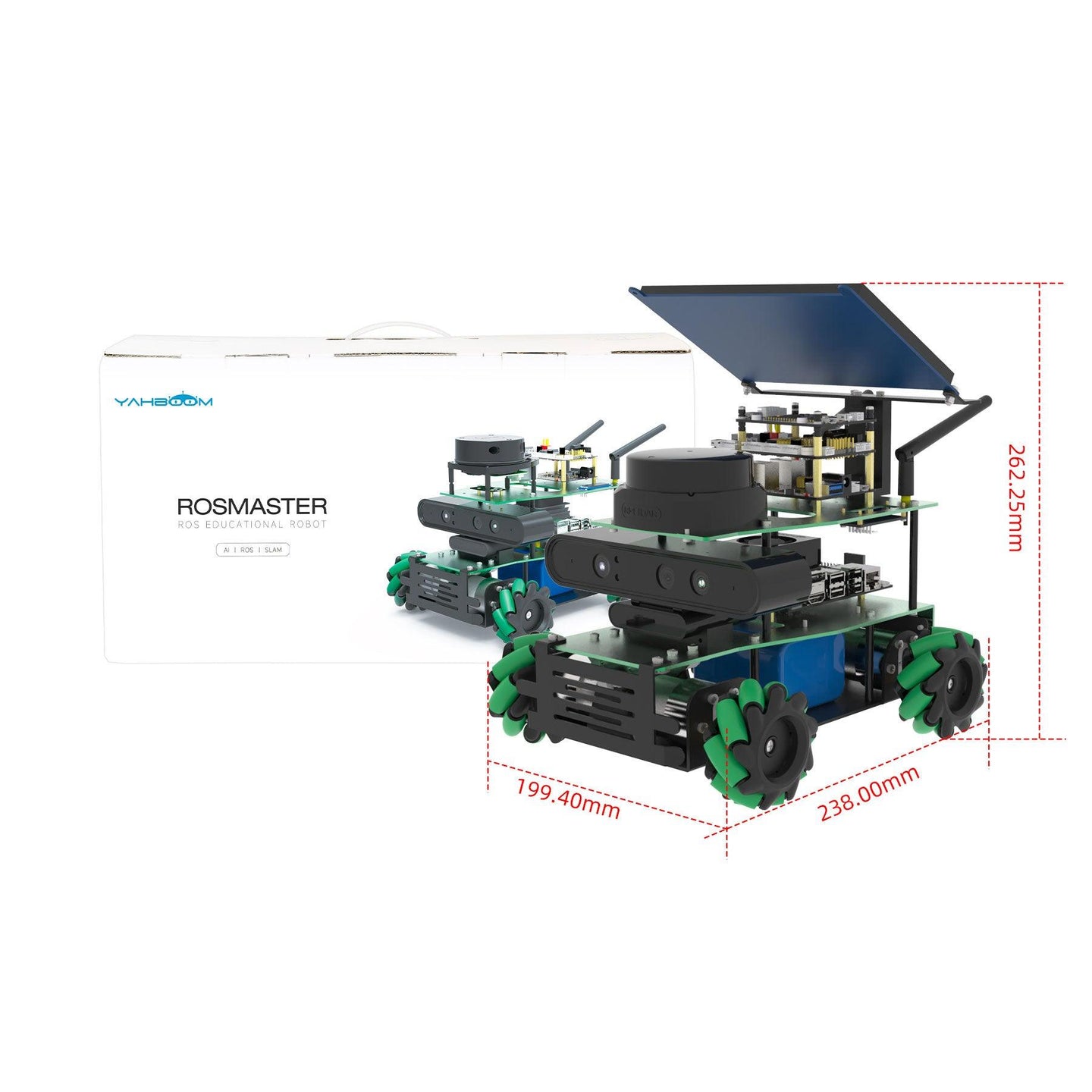 Yahboom ROSMASTER X3 packaging shell and actual product photography with additional dimension data parameters