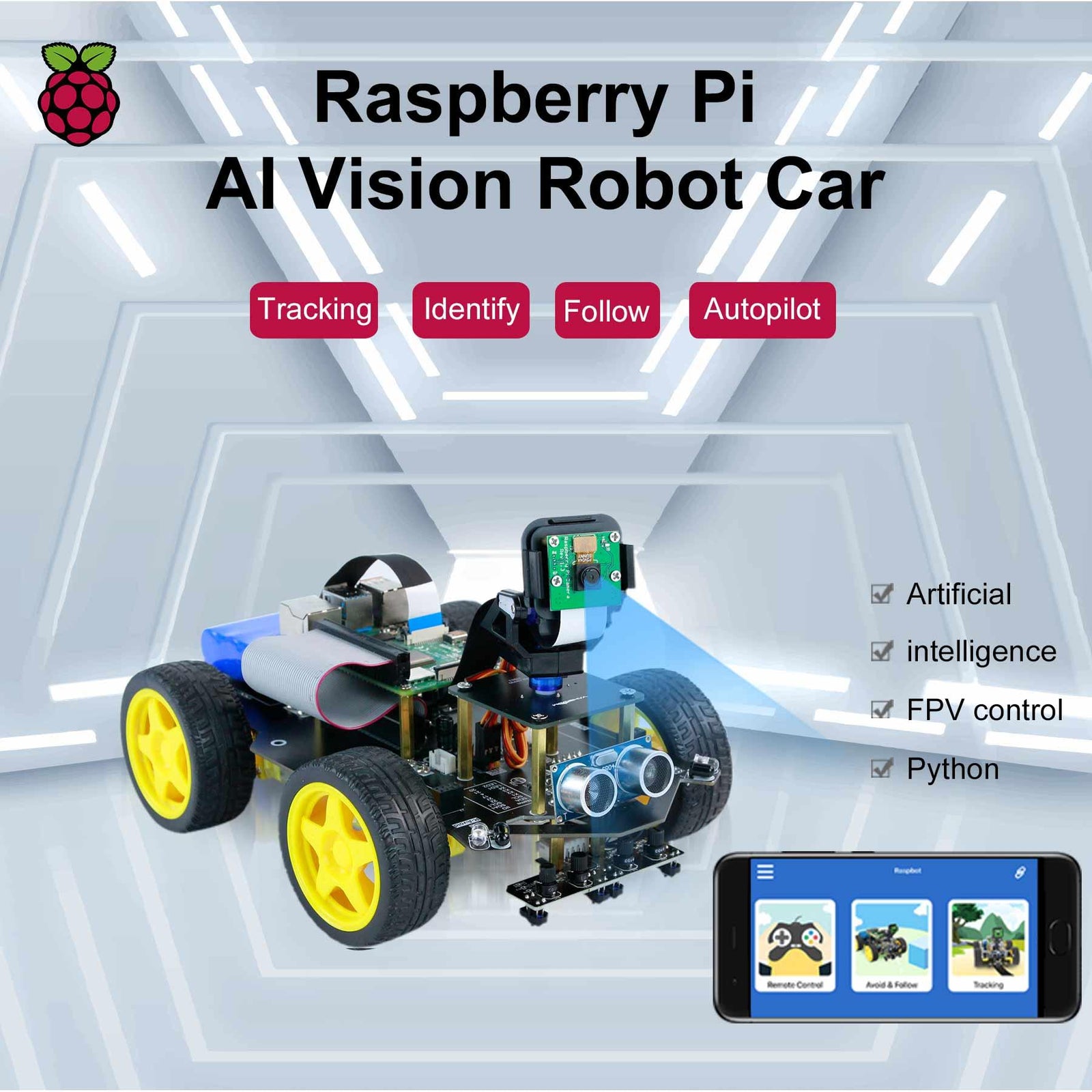Raspbot AI Vision 4WD Car For RPi 5 With FPV Camera Use Python3 OpenCV
