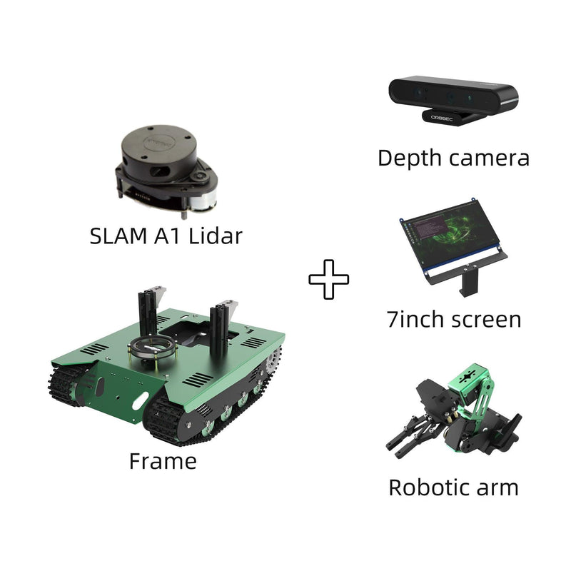 Yahboom Transbot without Jetson NANO but with depth camera, 7 inch screen and robotic arm.